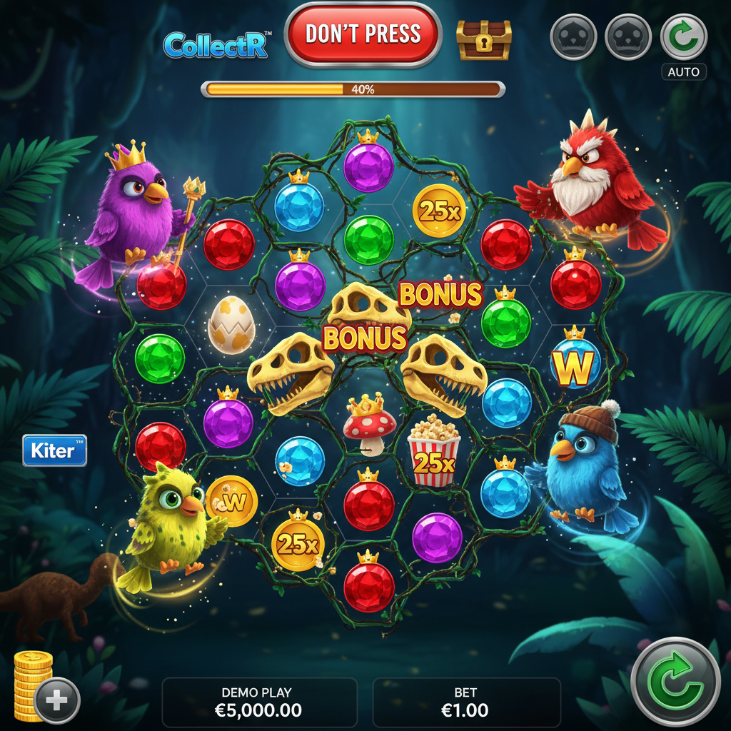 PIROTS 2 Slot Spielfeld mit vier sammelnden Vögeln in prähistorischem Dschungel, Bernstein-Edelsteinen in verschiedenen Farben und goldener Schatztruhe