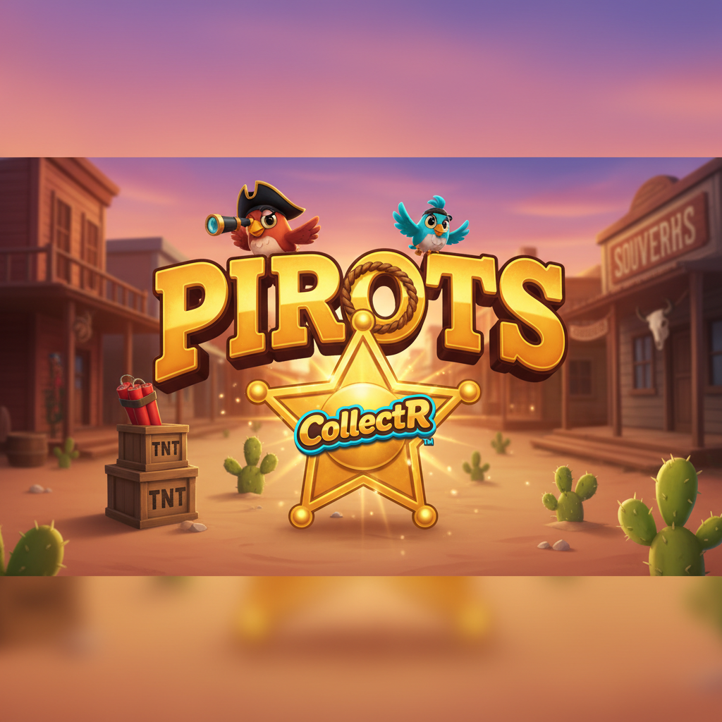 Pirots 3 slot game cu păsări bandite în Vestul Sălbatic, logo auriu cu stea de șerif, personaje păsări colorate cu pălării, TNT și cactuși pe fundal de orașwestern la apus