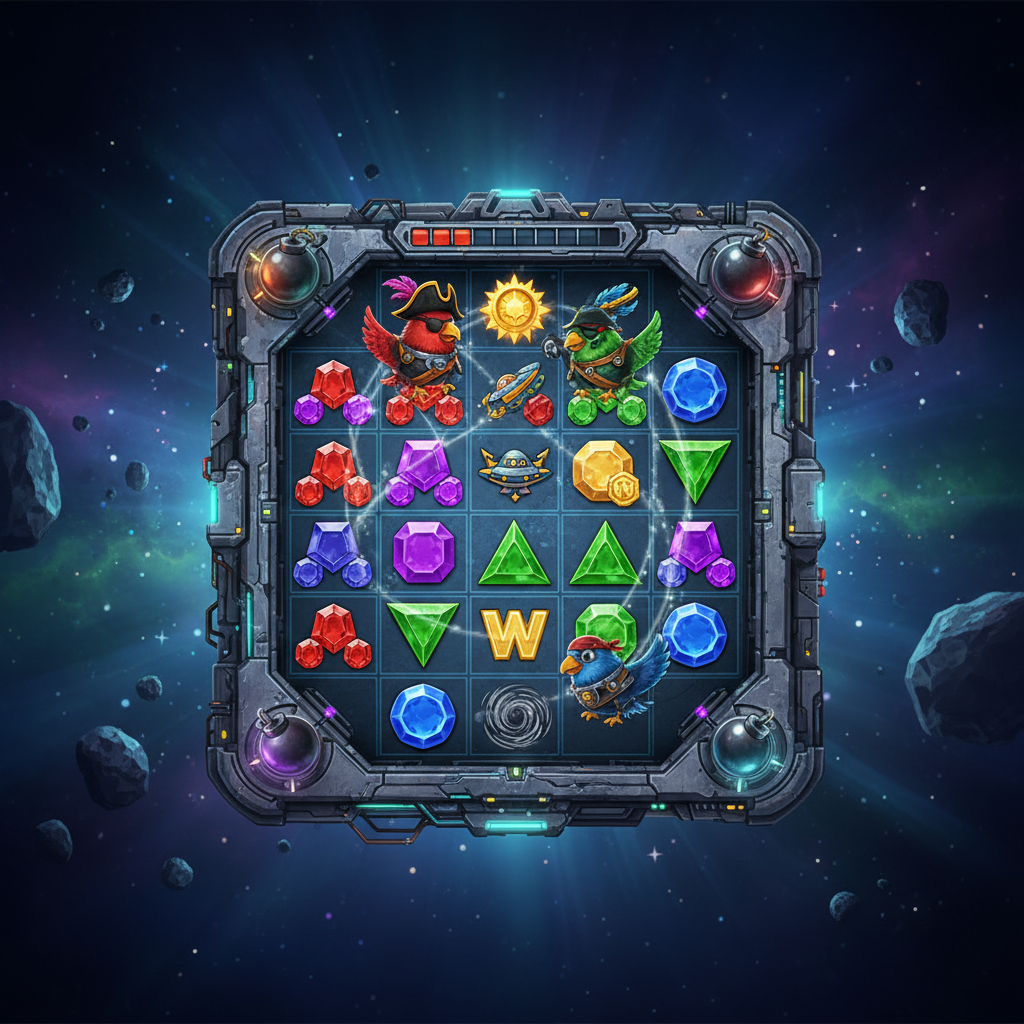 Pirots 4 slot de la ELK Studios - păsări pirat în costume spațiale colectând pietre prețioase pe o stație metalică 6x6, fundal cosmic cu nebuloase și asteroizi, 4 păsări colectoare în roșu mov verde și albastru