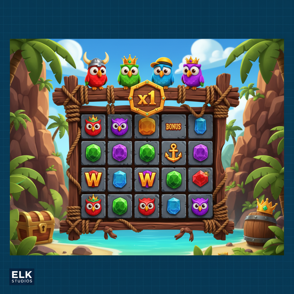 Pirots X slot cu patru păsări pirat colorate - papagal roșu cu cască vikingă, papagal violet cu coroană, papagal verde și papagal albastru pe o insulă tropicală cu comori și simboluri de sloturi cluster